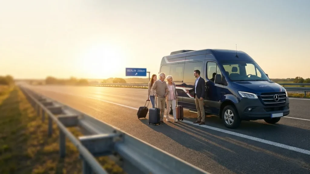 Komfortowy bus klasy premium do transportu osób do Niemiec, zadowoleni pasażerowie z bagażami i profesjonalny kierowca na tle autostrady do Berlina. Busy Polska - Niemcy