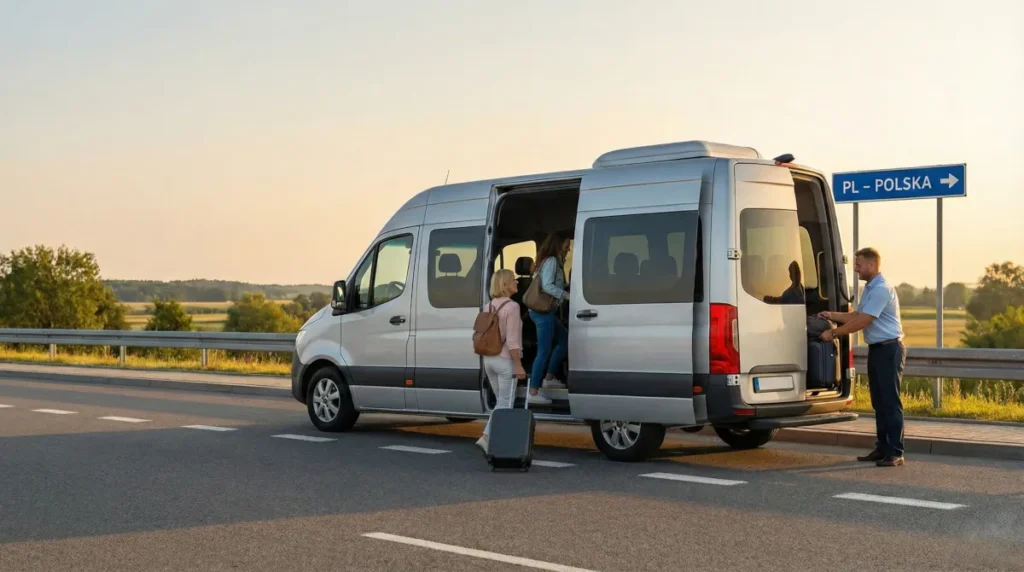 Pasażerowie wsiadający do nowoczesnego 9-osobowego busa na trasie Holandia - Polska. Kierowca ładuje bagaże, zapewniając komfortowy przewóz osób w systemie door-to-door.