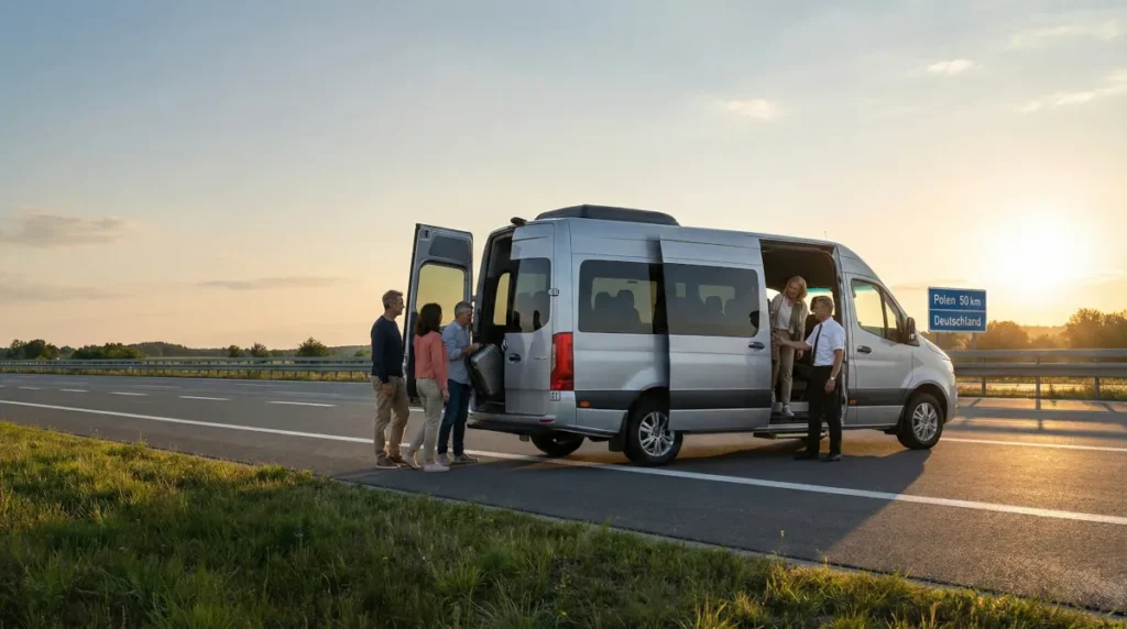 Wygodny 9-osobowy bus na trasie Niemcy - Polska zaparkowany przy autostradzie. Pasażerowie wsiadają do nowoczesnego vana, a kierowca pomaga załadować walizki w ramach prywatnego transportu door-to-door.