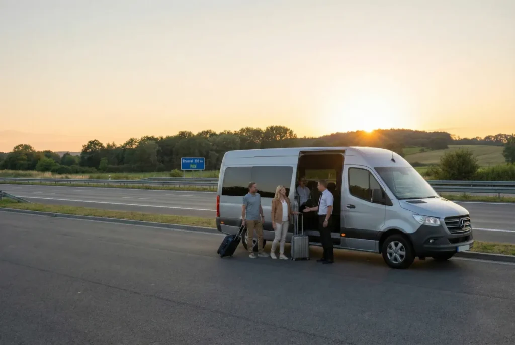 Nowoczesny 9-osobowy bus zaparkowany przy europejskiej autostradzie, kierowca pomaga pasażerom z walizkami przy wsiadaniu. Komfortowe busy Polska – Belgia oferujące bezpośredni transport door-to-door.
