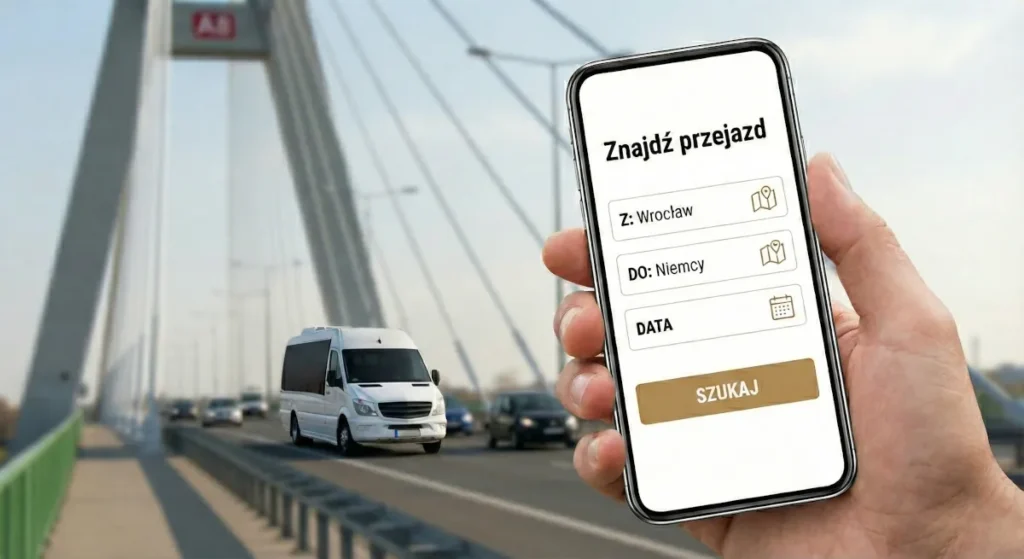 Dłoń trzymająca smartfon z otwartą aplikacją, w której wyszukiwane są busy z Wrocławia do Niemiec. W tle biały pojazd jadący przez wrocławski Most Rędziński.