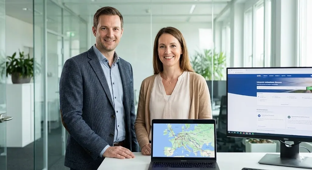 Kobieta i mężczyzna w nowoczesnym biurze pracujący przy laptopie z wyświetloną mapą europejskich tras przejazdów. Zespół portalu busypodadres.pl, innowacyjnej giełdy łączącej pasażerów i przewoźników na trasach między Polską a Niemcami, Holandią i Belgią.