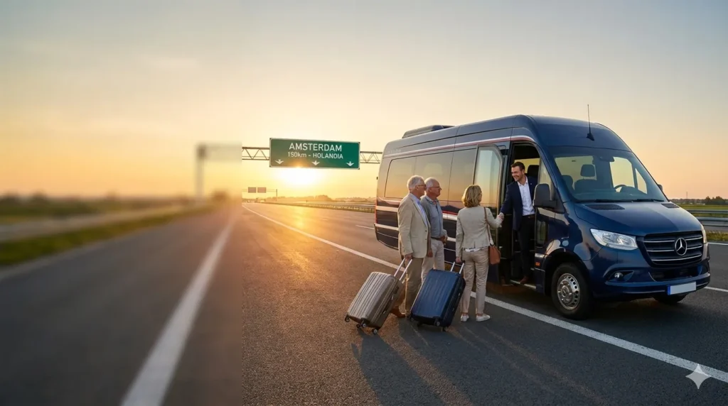 Komfortowy transport osób Polska - Holandia: nowoczesny bus klasy premium, zadowoleni pasażerowie z bagażami i profesjonalny kierowca przy autostradzie w stronę Amsterdamu.