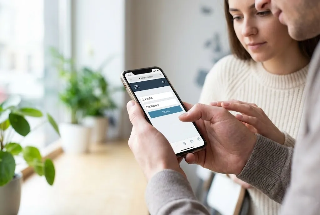 Kobieta i mężczyzna korzystający z wyszukiwarki na smartfonie, aby znaleźć przewoźnika na trasie Polska-Niemcy na giełdzie busypodadres.pl.