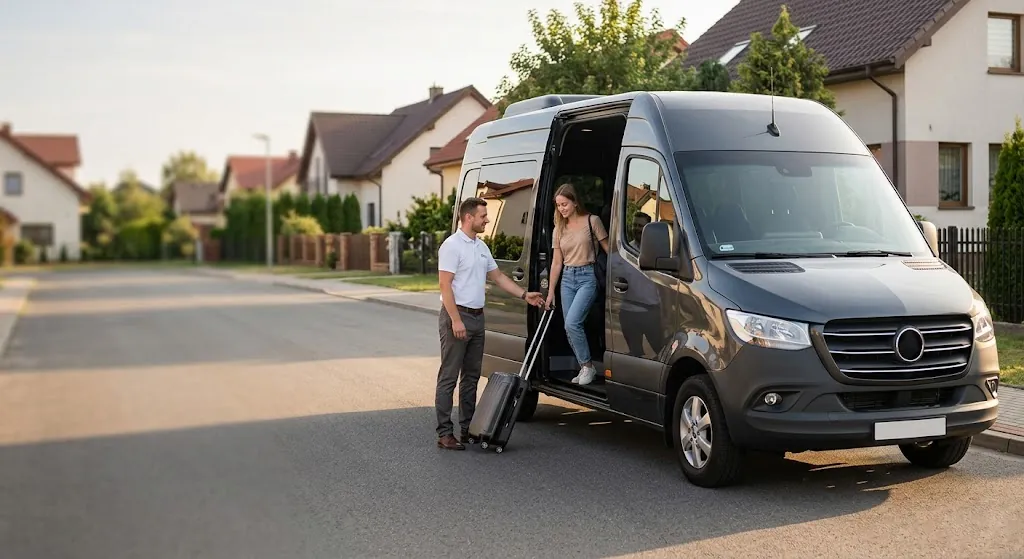 Busy ze Strzelec Opolskich do Niemiec w systemie door-to-door – kierowca pomaga pasażerce z bagażem pod domem.