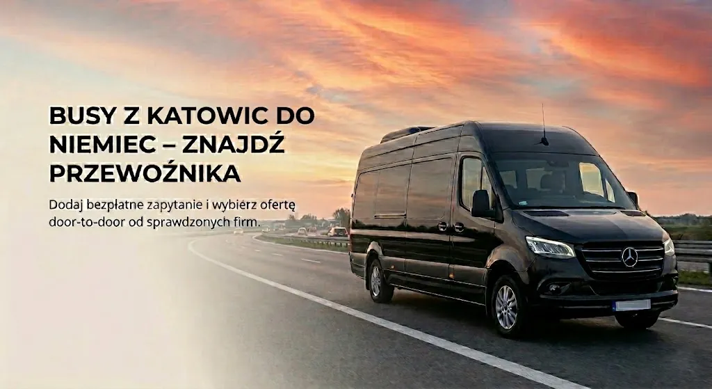 Czarny bus pasażerski jadący autostradą. Portal łączący pasażerów i przewoźników oferujących tanie i szybkie busy z Katowic do Niemiec w wygodnym systemie door to door.