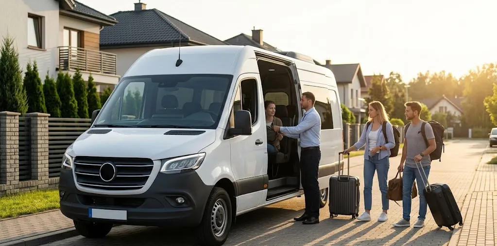 Pasażerowie wsiadający do nowoczesnego busa jadącego z Kędzierzyna-Koźla do Niemiec w systemie door to door.
