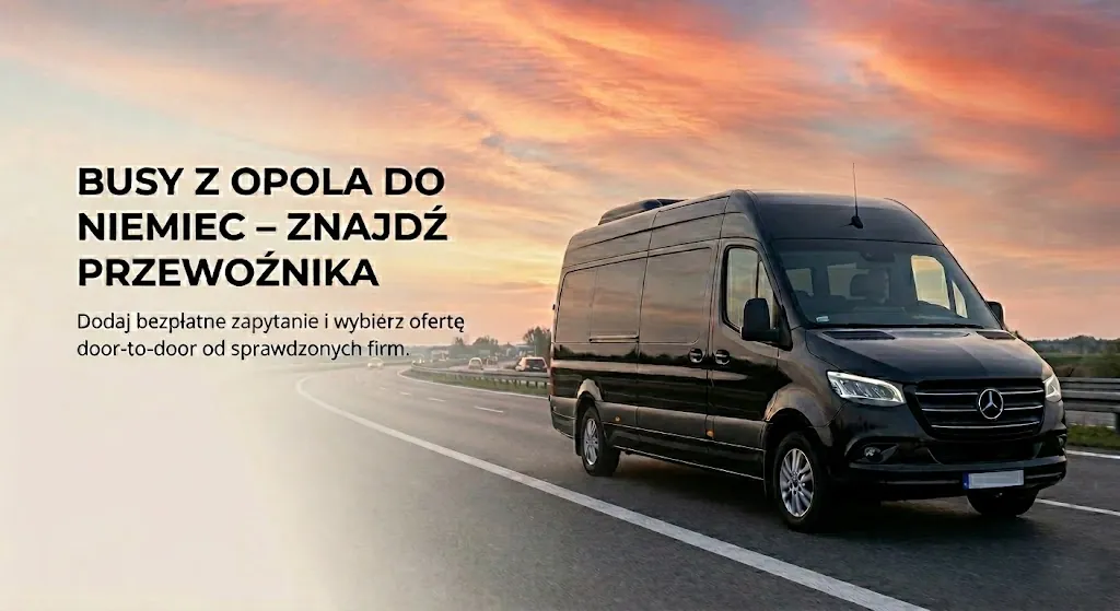 Czarny, nowoczesny bus pasażerski na autostradzie. Giełda łącząca pasażerów i przewoźników oferujących busy z Opola do Niemiec w systemie door to door.