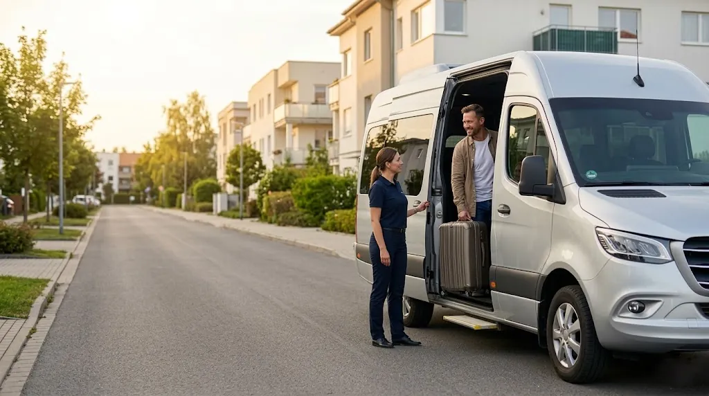 Pasażer wsiadający do nowoczesnego pojazdu na osiedlu. Nasza giełda łączy pasażerów i przewoźników oferujących busy z Radomia do Niemiec door to door.